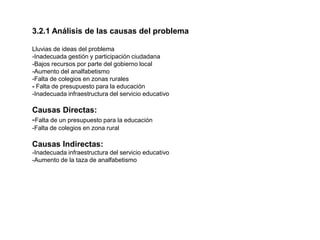 3.2.1 Análisis de las causas del problema
Lluvias de ideas del problema
-Inadecuada gestión y participación ciudadana
-Bajos recursos por parte del gobierno local
-Aumento del analfabetismo
-Falta de colegios en zonas rurales
- Falta de presupuesto para la educación
-Inadecuada infraestructura del servicio educativo
Causas Directas:
-Falta de un presupuesto para la educación
-Falta de colegios en zona rural
Causas Indirectas:
-Inadecuada infraestructura del servicio educativo
-Aumento de la taza de analfabetismo
 