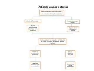 Árbol de Causas y Efectos
Perdidas económicas y
sociales
Aumento de la pobreza
Pocas
oportunidades
de empleo en la
población
Migración de las
familias a otros
distritos
Mal servicio educativo para niños y jóvenes y
una mala calidad de vida para la población.
Inadecuado servicio educativo en el distrito
de Umari, provincia de pachitea, Región
Huánuco
Aumento de la
taza de
analfabetismo
Inadecuada
infraestructura del
servicio educativo
Falta de
colegios en
zona rural
Falta de un
presupuesto para
la educación
 