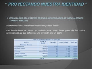  RESULTADOS DEL ESTUDIO TÉCNICO (NECESIDADES DE ADECUACIONES
Y OBRAS FÍSICAS)
Inversiones Fijas - Inversiones en terrenos y obras físicas
Las instalaciones se toman en arriendo este rubro forma parte de los costos
operacionales, ya que esto no es una inversión sino un costo.
 