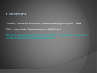  BIBLIOGRAFIA
Contreras, Marco Elías. Formulación y evaluación de proyectos (2003). UNAD
Cañón, Henry. Módulo Diseño de proyectos (2006).UNAD
http://www.artesaniasdecolombia.com.co/PortalAC/C_asesoria/costos-y-procesos-de-
produccion_1447?anio=2013&mes=2&tipoC=todas
 