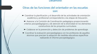 Desarrollo
Otras de las funciones del orientador en las escuelas
son:
 Coordinar la planificación y el desarrollo de las actividades de orientación
académica y profesional correspondiente a las etapas de Educación.
 Asesorar a la Comisión de Coordinación pedagógica proporcionando
criterios psicopedagógicos y de atención de la diversidad en los elementos
constructivos de los proyectos curriculares
 Colaborar en la prevención y detección de problemas de aprendizaje.
 Coordinar la evaluación psicopedagógica con los profesores de aquellos
alumnos que precisen la adopción de medidas educativas específicas
realizando el informe psicopedagógico.
 