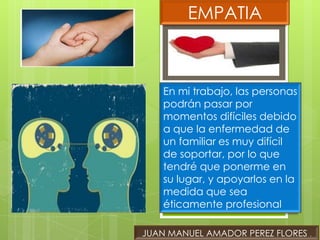 EMPATIA



    En mi trabajo, las personas
    podrán pasar por
    momentos difíciles debido
    a que la enfermedad de
    un familiar es muy difícil
    de soportar, por lo que
    tendré que ponerme en
    su lugar, y apoyarlos en la
    medida que sea
    éticamente profesional

JUAN MANUEL AMADOR PEREZ FLORES .
 