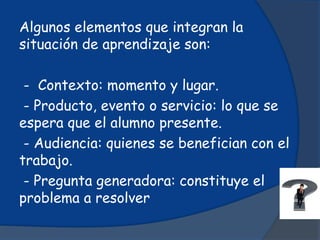 Algunos elementos que integran la 
situación de aprendizaje son: 
- Contexto: momento y lugar. 
- Producto, evento o servicio: lo que se 
espera que el alumno presente. 
- Audiencia: quienes se benefician con el 
trabajo. 
- Pregunta generadora: constituye el 
problema a resolver 
 