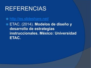 REFERENCIAS 
 http://es.slideshare.net/ 
 ETAC. (2014). Modelos de diseño y 
desarrollo de estrategias 
instruccionales. México: Universidad 
ETAC. 
