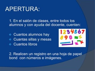 APERTURA: 
1. En el salón de clases, entre todos los 
alumnos y con ayuda del docente, cuenten: 
 Cuantos alumnos hay 
 Cuantas sillas y mesas 
 Cuantos libros 
2. Realicen un registro en una hoja de papel 
bond con números e imágenes. 
 