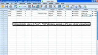 Introducimos los valores de “sexo” y “VCH” además de los edad en SPSS para calcular unas variables
 