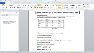 Con las fórmulas que ya conocemos completamos la tabla
 