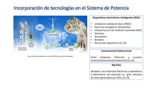 Incorporación de tecnologías en el Sistema de Potencia
Dispositivos electrónicos inteligentes (IEDs)
• Unidad de medida de fasor (PMU)
• Recursos energéticos distribuidos
• Infraestructura de medición avanzada (AMI)
• Sensores
• Actuadores
• Breakers
• Bancos de capacitores [1], [3].
• Utilidades
Comunicación bidireccional
Entre Empresas Eléctricas y usuarios
(industrial/comercial/residencial) [1], [3].
Big Data
Ayudará a las Empresas Eléctricas y operadores
a administrar con precisión su gran volumen
de datos generados por IEDs [1], [3].s
https://www.ecointeligencia.com/2014/03/smart-grid-tecnologias/
 