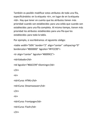 También es posible modificar estos atributos de toda una fila,
especificándolos en la etiqueta <tr>, en lugar de en la etiqueta
<td>. Hay que tener en cuenta que los atributos tienen más
prioridad cuando son establecidos para una celda que cuando son
establecidos para una fila completa. Al mismo tiempo, tienen más
prioridad los atributos establecidos para una fila que los
establecidos para toda la tabla.
Por ejemplo, si escribiéramos el siguiente código:
<table width="50%" border="2" align="center" cellspacing="0"
bordercolor="#000000" bgcolor="#FFCC99">
<tr align="center" bgcolor="#0099CC">
<td>Sabado</td>
<td bgcolor="#66CC99">Domingo</td>
</tr>
<tr>
<td>Curso HTML</td>
<td>Curso Dreamweaver</td>
</tr>
<tr>
<td>Curso Frontpage</td>
<td>Curso Flash</td>
</tr>
 