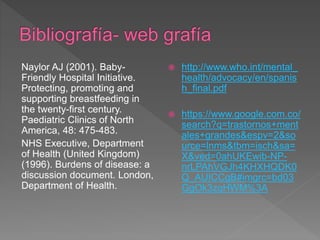 Naylor AJ (2001). Baby-
Friendly Hospital Initiative.
Protecting, promoting and
supporting breastfeeding in
the twenty-first century.
Paediatric Clinics of North
America, 48: 475-483.
NHS Executive, Department
of Health (United Kingdom)
(1996). Burdens of disease: a
discussion document. London,
Department of Health.
 http://www.who.int/mental_
health/advocacy/en/spanis
h_final.pdf
 https://www.google.com.co/
search?q=trastornos+ment
ales+grandes&espv=2&so
urce=lnms&tbm=isch&sa=
X&ved=0ahUKEwib-NP-
nrLPAhVGJh4KHXHQDK0
Q_AUICCgB#imgrc=bd03
GgOk3zqHWM%3A
 