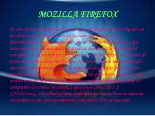 MOZILLA FIREFOXEs uno de los navegadores gratuitos que más popularidad ha logrado en los últimos años. Muchos son los factores que hacen que su funcionamiento sea más agradable que el del Internet Explorer y que hacen que cada día más gente se decida a abandonar la facilidad del navegador de Microsoft por la potencia de Firefox. Entre sus factores de éxito se encuentra una interfaz que permite al usuario una navegación más rápida mediante pestañas, la velocidad de carga de páginas o sus posibilidades de personalización. Otro de sus principales aciertos es que resulta muy fiable a la hora de bloquear ventanas emergentes y que es compatible con todos los sistemas operativos (Mac OS X y GNU/Linux). Los últimos datos confirman que su uso esta en continuo crecimiento y que aproximadamente controla el 36% del mercado.