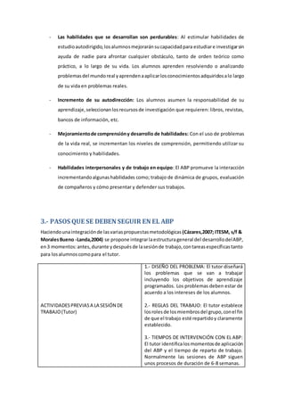 - Las habilidades que se desarrollan son perdurables: Al estimular habilidades de
estudioautodirigido,losalumnosmejoraránsucapacidadpara estudiare investigarsin
ayuda de nadie para afrontar cualquier obstáculo, tanto de orden teórico como
práctico, a lo largo de su vida. Los alumnos aprenden resolviendo o analizando
problemasdel mundoreal yaprendenaaplicarlosconocimientosadquiridosalo largo
de su vida en problemas reales.
- Incremento de su autodirección: Los alumnos asumen la responsabilidad de su
aprendizaje,seleccionanlosrecursosde investigación que requieren: libros, revistas,
bancos de información, etc.
- Mejoramientode comprensióny desarrollo de habilidades: Con el uso de problemas
de la vida real, se incrementan los niveles de comprensión, permitiendo utilizar su
conocimiento y habilidades.
- Habilidades interpersonales y de trabajo en equipo: El ABP promueve la interacción
incrementandoalgunashabilidades como; trabajo de dinámica de grupos, evaluación
de compañeros y cómo presentar y defender sus trabajos.
3.- PASOS QUE SE DEBEN SEGUIR EN EL ABP
Haciendounaintegraciónde lasvariaspropuestasmetodológicas (Cázares,2007; ITESM, s/f &
MoralesBueno -Landa,2004) se propone integrarlaestructurageneral del desarrollodelABP,
en3 momentos:antes,durante ydespuésde lasesiónde trabajo,contareasespecíficastanto
para losalumnoscomopara el tutor.
ACTIVIDADESPREVIASA LA SESIÓN DE
TRABAJO(Tutor)
1.- DISEÑO DEL PROBLEMA: El tutor diseñará
los problemas que se van a trabajar
incluyendo los objetivos de aprendizaje
programados. Los problemas deben estar de
acuerdo a los intereses de los alumnos.
2.- REGLAS DEL TRABAJO: El tutor establece
losroles de losmiembrosdel grupo,conel fin
de que el trabajo esté repartidoy claramente
establecido.
3.- TIEMPOS DE INTERVENCIÓN CON EL ABP:
El tutor identificalosmomentosde aplicación
del ABP y el tiempo de reparto de trabajo.
Normalmente las sesiones de ABP siguen
unos procesos de duración de 6-8 semanas.
 