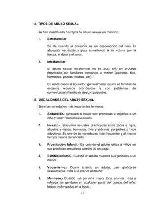 14
4. TIPOS DE ABUSO SEXUAL
Se han identificado dos tipos de abuso sexual en menores:
1. Extrafamiliar
Se da cuando el abusador es un desconocido del niño. El
abusador se excita y goza sometiendo a su víctima por la
fuerza, el dolor y el terror.
2. Intrafamiliar
El abuso sexual intrafamiliar no es acto sino un proceso
provocado por familiares cercanos al menor (padrinos, tíos,
hermanos, padres, madres, etc).
En estos casos el abusador, generalmente ocurre en familias de
escasos recursos económicos y con problemas de
comunicación (familia de descomposición).
5. MODALIDADES DEL ABUSO SEXUAL
Entre las variedades más importantes tenemos:
1. Seducción.- persuadir o iniciar con promesas o engaños a un
niño y tener relaciones sexuales.
2. Incesto.- relaciones sexuales practicadas entre padre e hijos,
abuelos y nietos, hermanos, tíos y sobrinos y/o padres o hijos
adoptivos. Es una de las variedades más frecuentes y al mismo
tiempo menos denunciado.
3. Prostitución Infantil.- Es cuando el adulto utiliza a niños en
sus prácticas sexuales a cambio de un pago.
4. Exhibicionismo.- Cuando un adulto muestra sus genitales a un
menor.
5. Vouyerismo.- Ocurre cuando un adulto, para graficarse
sexualmente, mira a un menor desnudo.
6. Manoseo.- Cuando una persona mayor toca, acaricia, roza o
refriega los genitales en cualquier parte del cuerpo del niño,
besos prolongados en la boca.
 