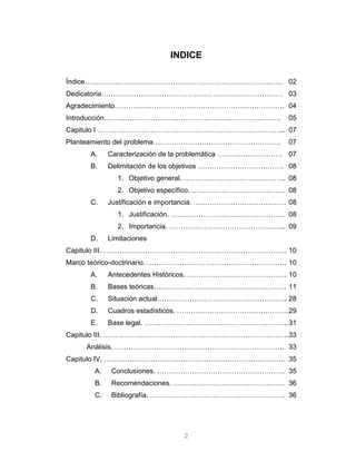 2
INDICE
Índice…………………………………………………………………………. 02
Dedicatoria…………………………………………………………………… 03
Agradecimiento………………………………………………………………. 04
Introducción…………………………………………………………………. 05
Capitulo I ……………………………………………………………………... 07
Planteamiento del problema………………………………………………. 07
A. Caracterización de la problemática ………………………. 07
B. Delimitación de los objetivos ………………………………. 08
1. Objetivo general. …………………………………….. 08
2. Objetivo específico. …………………………………. 08
C. Justificación e importancia. ………………………………… 08
1. Justificación. …………………………………………. 08
2. Importancia. ………………………………………….. 09
D. Limitaciones
Capitulo III. ……………………………………………………………………. 10
Marco teórico-doctrinario. …………………………………………………… 10
A. Antecedentes Históricos. ……………………………………. 10
B. Bases teóricas………………………………………………… 11
C. Situación actual……………………………………………….. 28
D. Cuadros estadísticos. …………………………………………29
E. Base legal. ……………………………………………………..31
Capitulo III. ……………………………………………………………………..33
Análisis. ………………………………………………………………. 33
Capitulo IV. …………………………………………………………………… 35
A. Conclusiones. ………………………………………………. 35
B. Recomendaciones. ………………………………………… 36
C. Bibliografía. …………………………………………………. 36
 