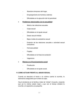 23
- Abandono temprano del hogar.
- Emparejamiento de hombres violentos
- Dificultades en la ejecución del rol parenteral.
 Problemas relacionados con la sexualidad:
- Miedo a las relaciones sexuales
- Culpa sexual
- Dificultades en el ajuste sexual
- Deseo sexual inhibido
- Bajos niveles de autoestima sexual
- Evitación de las relaciones sexuales o actividad sexual
compulsiva
- Homosexualidad
- Frigidez
- Dificultades en la frase de excitación
- Vaganismo
 Efectos en el funcionamiento social
- Prostitución
- Dificultades en el ajuste social.
11.COMO ACTUAR FRENTE AL ABUSO SEXUAL
Cuando se descubre el hecho o la víctima cuenta lo ocurrido, lo
esencial es asegurarle que no tiene la culpa.
Hay la tendencia en la familia a tratar de “olvidar” el asunto, creyendo
que así la víctima estará mejor y que con el tiempo olvidará lo
ocurrido, en especial su es pequeña.
 