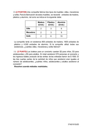 5TA20161DUED
12) (2 PUNTOS) Una compañía fabrica tres tipos de muebles: sillas, mecedoras
y sofás. Para la fabricación de estos muebles, se necesitó unidades de madera,
plástico y aluminio, tal como se indica en la siguiente tabla:
La compañía tenía en existencia 800 unidades de madera, 1800 unidades de
plástico y 4.500 unidades de aluminio. Si la compañía utilizó todas sus
existencias, ¿cuántas sillas, mecedoras y sofás fabricó?
13) (2 PUNTO) Los boletos para un concierto cuestan $2 para niños, $3 para
adolescentes y $5 para adultos. En total asistieron 570 personas al concierto y
los ingresos totales producto de las ventas de las entradas fueron de $ 1950. Si
las tres cuartas partes de la cantidad de niños que asistieron eran iguales al
número de adolescentes, ¿cuántos niños, adolescentes y adultos asistieron al
concierto?
Resolver usando métodos matriciales.
Madera
(Unid.)
Plástico
(Unid.)
Aluminio
(Unid.)
Silla 2 3 6
Mecedora 2 3 9
Sofá 2 6 15
 
