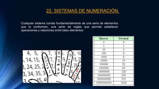 22. SISTEMAS DE NUMERACIÓN.
Cualquier sistema consta fundamentalmente de una serie de elementos
que lo conforman, una serie de reglas que permite establecer
operaciones y relaciones entre tales elementos
 