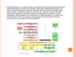  Un Microprocesador no es sólo un cerebro que procesa información (técnicamente la parte que
realiza las operaciones se llama ALU, Arithmetic Logic Unit o unidad aritmético lógica), sino
mucho más. Está compuesto de registros (pequeñas memorias donde se almacenan datos),
buffers, cachés, unidades de proceso, ALU, y mucho más. Todo esto se fabrica utilizando
componentes electrónicos ciertamente pequeños (las arquitecturas actuales de nuestros
ordenadores utilizan transistores de 22 nanómetros, 0.000022 milímetros) y no siempre nos
encontraremos con todos. Es necesaria una organización y estructuración de todos los
componentes a la que se denomina microarquitectura.
 