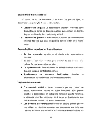 10
Según el tipo de desalineación:
En cuanto al tipo de desalineación tenemos dos grandes tipos, la
desalineación angular y la desalineación paralela.
❖ Desalineación angular: La desalineación angular o conocida como
desajuste axial consta de dos ejes paralelos que se sitúan en distintos
ángulos en diferente plano horizontal y vertical.
❖ Desalineación paralela: La desalineación paralela se sucede cuando
tenemos dos ejes que están en paralelo pero no están en el mismo
plano.
Según el método para absorber la desalineación:
• De tipo engranaje: constituyen el diseño más universalmente
utilizado.
• De cadena: son muy sencillos, pues constan de dos ruedas y una
cadena. Se usan en acoples cerrados.
• De rejilla de acero: tiene dos cubos de dientes externos y una rejilla
de acero que pasa por todos los dientes.
• Acoplamientos de elementos flexionantes: absorben la
desalineación por la flexión de uno o más componentes.
Según el tipo de material
➢ Con elemento metálico: están compuestos por un conjunto de
discos, normalmente hechos de acero inoxidable. Sólo pueden
absorber la desalineación en cada punto de flexión. Cuanto mayor sea
la distancia entre los elementos, será mayor la desalineación que
pueda absorber. No funciona a altas velocidades.
➢ Con elemento elastómero: están hechos de caucho, goma o plástico
y se utilizan en máquinas acopladas que están cerca una de la otra.
Los más populares acoplamientos flexionantes de elastómero son las
 