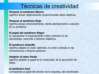 Técnicas de creatividad Ponerse el sombrero Blanco   significa actuar objetivamente proporcionando datos objetivos. Ponerse el sombrero Rojo significa actuar emocionalmente, dando planteamiento o solución de un problema.  El papel del sombrero Negro es representar el enjuiciamiento crítico centrado en las  desventajas, carencias o factores negativos.  El sombrero Amarillo significa adoptar la visión optimista, la visión centrada en las conveniencias y factores positivos. Adoptar el color Verde significa adoptar el papel de la creatividad, de la generación de Ideas. el sombrero Azul corresponde al papel del director de la orquesta, del coordinador. 