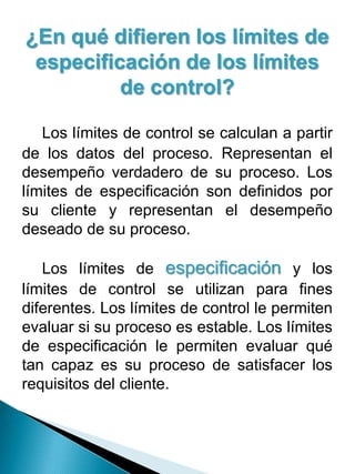 ¿En qué difieren los límites de
especificación de los límites
de control?
Los límites de control se calculan a partir
de los datos del proceso. Representan el
desempeño verdadero de su proceso. Los
límites de especificación son definidos por
su cliente y representan el desempeño
deseado de su proceso.
Los límites de especificación y los
límites de control se utilizan para fines
diferentes. Los límites de control le permiten
evaluar si su proceso es estable. Los límites
de especificación le permiten evaluar qué
tan capaz es su proceso de satisfacer los
requisitos del cliente.
 