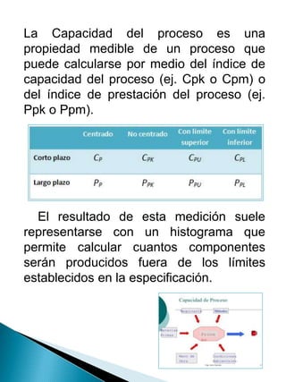 La Capacidad del proceso es una
propiedad medible de un proceso que
puede calcularse por medio del índice de
capacidad del proceso (ej. Cpk o Cpm) o
del índice de prestación del proceso (ej.
Ppk o Ppm).
El resultado de esta medición suele
representarse con un histograma que
permite calcular cuantos componentes
serán producidos fuera de los límites
establecidos en la especificación.
 