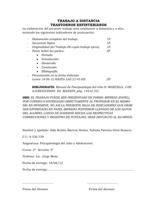 TRABAJO A DISTANCIA
                    TRASTORNOS ESFINTERIANOS
La elaboración del presente trabajo será totalmente a distancia y a dúo,
teniendo los siguientes indicadores de puntuación:

   -   Elaboración completa del trabajo                    1P.
   -   Secuencia lógica                                    1P.
   -   Originalidad del Trabajo (No copió trabajo ajeno)   1P.
   -   Posee todas las partes:                             5P
              Portada
              Introducción
              Desarrollo
              Conclusión
              Bibliografía
   -   Presentación en la fecha indicada
       Lunes 18-06-12 HASTA LAS 21:45 HS                   2P.

       BIBLIOGRAFÍA: Manual de Psicopatología del niño D. MARCELLI, J DE
       AJURIAGUERRA. Ed. MASSON, pág. 149 al 161.

OBS: EL TRABAJO PUEDE SER PRESENTADO EN FORMA IMPRESA (PAPEL),
POR CORREO O ENTREGADO DIRECTAMENTE AL PROFESOR EN EL MISMO
DÍA EN PENDRIVE, NO ASÍ LA PRESENTE HOJA DE INDICADORES QUE DEBE
SER ENTREGADO EN PAPEL IMPRESO POSTERIOR LLENADO DE LOS DATOS
DEL ALUMNO, LUEGO DE HABERSE HECHA LAS RESPECTIVAS
CORRECCIONES Y REGISTRO DE PUNTAJES, SERÁ DEVUELTO AL ALUMNOS.



Nombre y apellido: Aldo Rubén Barreto Núñez, Fabiola Patricia Orué Romero

C.I.: 4.330.739

Asignatura: Psicopatología del niño y Adolescente.

Curso: 2º Sección: 3º

Profesor: Lic. Jorge Meza

Fecha de entrega: 18/06/12

Fecha de entrega:……………………………………………………………………………..



…………………………..                                  …………………………..

Firma del Alumno                                Firma del Alumno
 