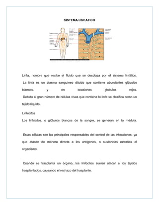 SISTEMA LINFATICO
Linfa, nombre que recibe el fluido que se desplaza por el sistema linfático.
La linfa es un plasma sanguíneo diluido que contiene abundantes glóbulos
blancos, y en ocasiones glóbulos rojos.
Debido al gran número de células vivas que contiene la linfa se clasifica como un
tejido líquido.
Linfocitos
Los linfocitos, o glóbulos blancos de la sangre, se generan en la médula.
Estas células son las principales responsables del control de las infecciones, ya
que atacan de manera directa a los antígenos, o sustancias extrañas al
organismo.
Cuando se trasplanta un órgano, los linfocitos suelen atacar a los tejidos
trasplantados, causando el rechazo del trasplante.
 