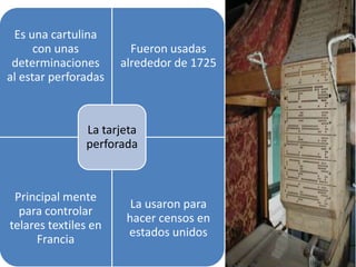 Es una cartulina
      con unas          Fueron usadas
 determinaciones      alrededor de 1725
al estar perforadas



               La tarjeta
               perforada



 Principal mente
                        La usaron para
  para controlar
                       hacer censos en
telares textiles en
                       estados unidos
     Francia
 