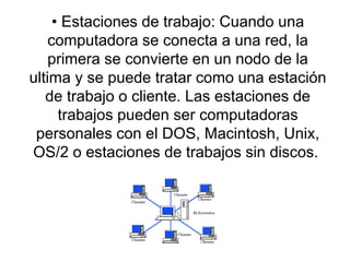 • Estaciones de trabajo: Cuando una
computadora se conecta a una red, la
primera se convierte en un nodo de la
ultima y se puede tratar como una estación
de trabajo o cliente. Las estaciones de
trabajos pueden ser computadoras
personales con el DOS, Macintosh, Unix,
OS/2 o estaciones de trabajos sin discos.
 