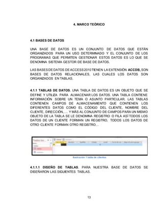 13
4. MARCO TEÓRICO
4.1 BASES DE DATOS
UNA BASE DE DATOS ES UN CONJUNTO DE DATOS QUE ESTÁN
ORGANIZADOS PARA UN USO DETERMINADO Y EL CONJUNTO DE LOS
PROGRAMAS QUE PERMITEN GESTIONAR ESTOS DATOS ES LO QUE SE
DENOMINA SISTEMA GESTOR DE BASE DE DATOS.
LAS BASESDEDATOS DEACCESS2010TIENEN LA EXTENSIÓN ACCDB, SON
BASES DE DATOS RELACIONALES, LAS CUALES LOS DATOS SON
ORGANIZADOS EN TABLAS.
4.1.1 TABLAS DE DATOS. UNA TABLA DE DATOS ES UN OBJETO QUE SE
DEFINE Y UTILIZA PARA ALMACENAR LOS DATOS. UNA TABLA CONTIENE
INFORMACIÓN SOBRE UN TEMA O ASUNTO PARTICULAR. LAS TABLAS
CONTIENEN CAMPOS DE ALMACENAMIENTO QUE CONTIENEN LOS
DIFERENTES DATOS COMO EL CÓDIGO DEL CLIENTE, NOMBRE DEL
CLIENTE, DIRECCIÓN,…. Y MÁS AL CONJUNTO DE CAMPOS PARA UN MISMO
OBJETO DE LA TABLA SE LE DENOMINA REGISTRO O FILA ASÍ TODOS LOS
DATOS DE UN CLIENTE FORMAN UN REGISTRO, TODOS LOS DATOS DE
OTRO CLIENTE FORMAN OTRO REGISTRO…
4.1.1.1 DISEÑO DE TABLAS. PARA NUESTRA BASE DE DATOS SE
DISEÑARON LAS SIGUIENTES TABLAS.
Ilustración 1 tabla de clientes
 