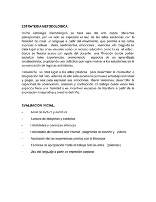 ESTRATEGIA METODOLOGICA:
Como estrategia metodológica se hará uso del arte desde diferentes
percepciones, por un lado se explorara el uso de las artes escénicas con la
finalidad de crear un lenguaje a partir del movimiento, que permita a los niños
expresar o reflejar , ideas, sentimientos, emociones , vivencias ,etc. Seguido se
dará lugar a las artes visuales como un recurso educativo como lo es el video ,
donde se llevará acabo con ayuda del docente una filmación donde podrán
socializar tales experiencias, promoviendo
espacios de un aprendizaje
constructivista, propiciando una didáctica que logre motivar a los estudiantes en la
concentración de lagunas actividades.
Finalmente se dará lugar a las artes plásticas para desarrollar la creatividad e
imaginación del niño, además de ello este escenario promueve el trabajo individual
y grupal, ya sea para expresar sus emociones, liberar tensiones, desarrollar la
capacidad de observación, atención y contracción. El trabajo desde estos tres
espacios tiene una finalidad y es incentivar espacios de literatura a partir de la
exploración imaginativa y creativa del niño.

EVALUACION INICIAL:
-

Nivel de lectura y escritura

-

Lectura de imágenes y símbolos

-

Habilidades y destrezas artísticas

-

Habilidades de destreza con internet , programas de edición y videos

-

Asociación de las experiencias previas con la literatura

-

Técnicas de apropiación frente al trabajo con las artes (plásticas)

-

Uso del lenguaje a partir de expresión corporal

 