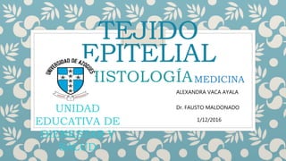 TEJIDO
EPITELIAL
HISTOLOGÍA
ALEXANDRA VACA AYALA
Dr. FAUSTO MALDONADO
1/12/2016
UNIDAD
EDUCATIVA DE
BIENESTAR Y
SALUD
MEDICINA
 