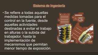 Sistema de Ingeniería
• Se refiere a todas aquellas
medidas tomadas para el
control en la fuente, desde
aquellas actividades
destinadas a evitar el trabajo
en alturas o la subida del
trabajador, hasta la
implementación de
mecanismos que permitan
menor tiempo de exposición.
 