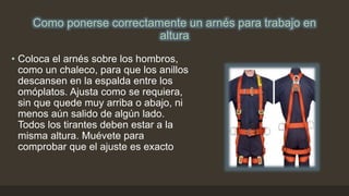 Como ponerse correctamente un arnés para trabajo en
altura
• Coloca el arnés sobre los hombros,
como un chaleco, para que los anillos
descansen en la espalda entre los
omóplatos. Ajusta como se requiera,
sin que quede muy arriba o abajo, ni
menos aún salido de algún lado.
Todos los tirantes deben estar a la
misma altura. Muévete para
comprobar que el ajuste es exacto
 