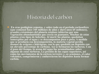  En eras geológicas remotas, y sobre todo en el periodo carbonífero
(que comenzó hace 345 millones de años y duró unos 65 millones),
grandes extensiones del planeta estaban cubiertas por una
vegetación abundantísima que crecía en pantanos. Muchas de estas
plantas eran tipos de helechos. Al morir las plantas, quedaban
sumergidas por el agua y se descomponían poco a poco. A medida
que se producía esa descomposición, la materia vegetal perdía
átomos de oxígeno e hidrógeno, con lo que quedaba un depósito con
un elevado porcentaje de carbono. Así se formaron las turberas. Con
el paso del tiempo, la arena del agua fue acumulándose sobre
algunas de estas turberas. La presión de las capas superiores, así
como los movimientos de la corteza terrestre y, en ocasiones, el calor
volcánico, comprimieron y endurecieron los depósitos hasta formar
carbón.
 