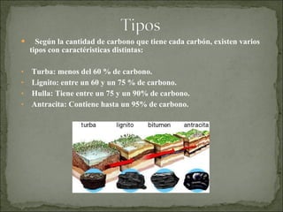  Según la cantidad de carbono que tiene cada carbón, existen varios
tipos con caractéristicas distintas:
• Turba: menos del 60 % de carbono.
• Lignito: entre un 60 y un 75 % de carbono.
• Hulla: Tiene entre un 75 y un 90% de carbono.
• Antracita: Contiene hasta un 95% de carbono.
 