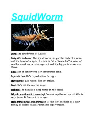 SquidWorm 
 
Type: ​The squidworm is: ​T. Samae 
Body,skin and color​: The squid worm has got the body of a worm 
and the head of a squid. Its skin is full of tentacles.The color of 
smaller squid worm is transparent and the bigger is brown and 
blank. 
Size: ​Size of squidworm is 9 centimeters long. 
Reproduction: ​He’s reproduction for eggs. 
Movement: ​Squid worm  has got stripes.  
Food: ​He’s eat the marine snow. 
Habitat: ​The habitat is deep water in the ocean. 
Why do you think it is amazing? ​Because squidworm do not this is 
very Know. It does not have eyes. 
More things about this animal: ​It is  the first member of a new 
family of worms called Polychaeta type vehicles. 
 
