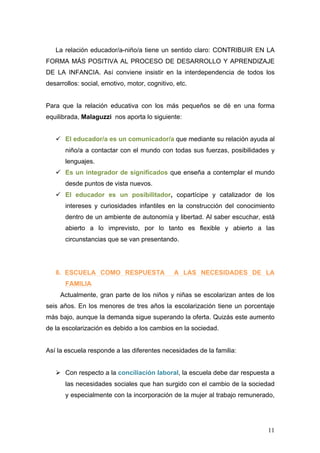 La relación educador/a-niño/a tiene un sentido claro: CONTRIBUIR EN LA
FORMA MÁS POSITIVA AL PROCESO DE DESARROLLO Y APRENDIZAJE
DE LA INFANCIA. Así conviene insistir en la interdependencia de todos los
desarrollos: social, emotivo, motor, cognitivo, etc.


Para que la relación educativa con los más pequeños se dé en una forma
equilibrada, Malaguzzi nos aporta lo siguiente:


   ü El educador/a es un comunicador/a que mediante su relación ayuda al
       niño/a a contactar con el mundo con todas sus fuerzas, posibilidades y
       lenguajes.
   ü Es un integrador de significados que enseña a contemplar el mundo
       desde puntos de vista nuevos.
   ü El educador es un posibilitador, copartícipe y catalizador de los
       intereses y curiosidades infantiles en la construcción del conocimiento
       dentro de un ambiente de autonomía y libertad. Al saber escuchar, está
       abierto a lo imprevisto, por lo tanto es flexible y abierto a las
       circunstancias que se van presentando.




   8. ESCUELA COMO RESPUESTA                   A LAS NECESIDADES DE LA
       FAMILIA
     Actualmente, gran parte de los niños y niñas se escolarizan antes de los
seis años. En los menores de tres años la escolarización tiene un porcentaje
más bajo, aunque la demanda sigue superando la oferta. Quizás este aumento
de la escolarización es debido a los cambios en la sociedad.


Así la escuela responde a las diferentes necesidades de la familia:


   Ø Con respecto a la conciliación laboral, la escuela debe dar respuesta a
       las necesidades sociales que han surgido con el cambio de la sociedad
       y especialmente con la incorporación de la mujer al trabajo remunerado,




                                                                           11
 