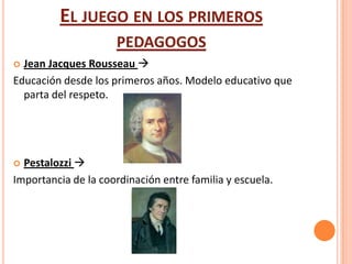 EL JUEGO EN LOS PRIMEROS
                     PEDAGOGOS
 Jean Jacques Rousseau 
Educación desde los primeros años. Modelo educativo que
  parta del respeto.




 Pestalozzi 
Importancia de la coordinación entre familia y escuela.
 
