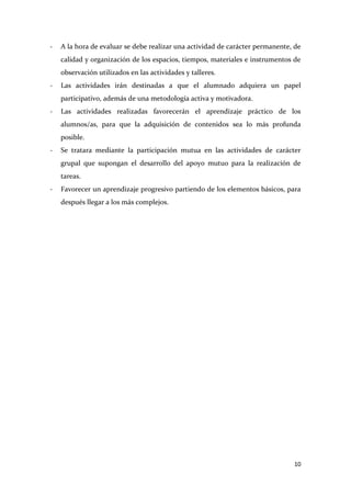 -

A la hora de evaluar se debe realizar una actividad de carácter permanente, de
calidad y organización de los espacios, tiempos, materiales e instrumentos de
observación utilizados en las actividades y talleres.

-

Las actividades irán destinadas a que el alumnado adquiera un papel
participativo, además de una metodología activa y motivadora.

-

Las actividades realizadas favorecerán el aprendizaje práctico de los
alumnos/as, para que la adquisición de contenidos sea lo más profunda
posible.

-

Se tratara mediante la participación mutua en las actividades de carácter
grupal que supongan el desarrollo del apoyo mutuo para la realización de
tareas.

-

Favorecer un aprendizaje progresivo partiendo de los elementos básicos, para
después llegar a los más complejos.

10

 