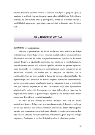 sesiones anteriores pudimos conocer la situación actual por la que pasa España, y
mediante la sesión de hoy nos hemos acercado a la realidad Griega. Todo ello será
realizado de una manera activa y participativa, donde los asistentes tendrán la
posibilidad de expresarse y participar, esta actividad se llevará a cabo de forma
oral.

DÍA 5: HISTORIAS VIVIDAS

ACTIVIDAD 10: Mesa redonda
Durante la primera hora se llevará a cabo una mesa redonda, en la que
participarán en primer lugar jóvenes (durante media hora) que se encuentren en
diferentes situaciones, los cuales nos puedan contar sus experiencias, formando
una red de apoyo y aportando una mirada más amplia de la realidad actual. Se
contará con tres jóvenes con historias y perfiles diversos. En primer lugar un/a
joven diplomado en económicas que está trabajando como camarero/a en un
restaurante, cobrando un sueldo que no responde en absoluto con su
cualificación, bien así representada la figura de persona sobrecualificada. En
segundo lugar, un/a joven con un modulo de grado superior en electromecánica
que se encuentra en paro actualmente, pues la empresa en la que se encontraba
tuvo que cerrar su empresa por un ERE. Y finalmente un/a joven diplomada en
administración y dirección de empresas con plena independencia hasta que fue
despedida de su trabajo, lo que le obligó a regresar a casa de sus padres y lo que
supone una dependencia económica para ellos.
Se trata de tres perfiles totalmente distintos, pero con un mismo
sentimiento. Son tres de las consecuencias más destacadas de la crisis económica,
por un lado personas que con una formación universitaria deben estar ocupando
trabajos que en ocasiones, en condiciones laborales precarias; personas que han
sido echadas a la calle por culpa del cierre de la empresa, pues no podía sufragar
los gastos; y finalmente, la perdida de la independencia y la emancipación.

50

 