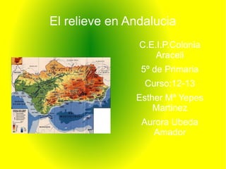 El relieve en Andalucia
                C.E.I.P.Colonia
                    Araceli
                5º de Primaria
                 Curso:12-13
               Esther Mª Yepes
                   Martinez
                Aurora Ubeda
                  Amador
 