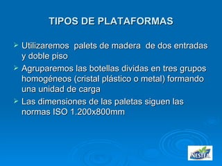 TIPOS DE PLATAFORMAS Utilizaremos  palets de madera  de dos entradas y doble piso  Agruparemos las botellas dividas en tres grupos homogéneos (cristal plástico o metal) formando una unidad de carga Las dimensiones de las paletas siguen las normas ISO 1.200x800mm 