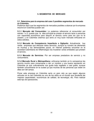 5. SEGMENTOS DE MERCADO


5.1 Determine para la empresa del caso 3 posibles segmentos de mercado
en Colombia.
Podemos decir que los segmentos de mercados posibles a abarcar por la empresa
Aravind en Colombia pueden ser:
5.1.1 Mercado del Consumidor: Lo podemos referenciar al consumidor por
estrato 1 a 3, puesto que la idea principal es prestar el servicio tanto a personas
con capacidad económica para adquirir el servicio como para los que no la
poseen, y en Colombia creemos que sería un muy buen mercado enfocarse en
estos estratos.
5.1.2 Mercado de Competencia Imperfecta o Oglipolio: Actualmente hay
varias empresas que efectúan estos servicios, aunque su número de ofertantes
es muchos y los demandantes pocos, en internet podemos encontrar en la
sociedad Colombiana de Oftalmología nos muestran varias entidades que prestan
el servicio.
5.1.3 Mercado de Servicios: Por ser empresa prestadora de servicio y no
consumidora.
5.1.4 Mercado Rural o Metropolitano: enfocarse también en lo campesinos les
serviría mucho para comenzarse a dar un nombre y una buena reputación en
Colombia ya que culturalmente nos gusta todo regalado o casi gratis; aunque
también concentrarse en la ciudad ya que muchas de las personas que están en
ellas son del campo.
Poner esta empresa en Colombia sería un gran reto ya que según algunos
artículos en la red Colombia es uno de los sitios en el mundo que recolecta las
mejores capacidades, económicas de calidad, de tecnología, etc. Para realizar
este tipo de operaciones.




                                        10
 