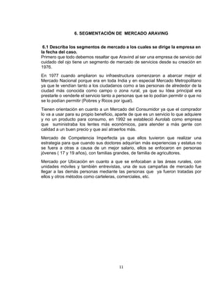 6. SEGMENTACIÓN DE MERCADO ARAVING


 6.1 Describa los segmentos de mercado a los cuales se dirige la empresa en
la fecha del caso.
Primero que todo debemos resaltar que Aravind al ser una empresa de servicio del
cuidado del ojo tiene un segmento de mercado de servicios desde su creación en
1976.
En 1977 cuando ampliaron su infraestructura comenzaron a abarcar mejor el
Mercado Nacional porque era en toda India y en especial Mercado Metropolitano
ya que le vendían tanto a los ciudadanos como a las personas de alrededor de la
ciudad más conocida como campo o zona rural, ya que su Idea principal era
prestarle o venderle el servicio tanto a personas que se lo podían permitir o que no
se lo podían permitir (Pobres y Ricos por igual).
Tienen orientación en cuanto a un Mercado del Consumidor ya que el comprador
lo va a usar para su propio beneficio, aparte de que es un servicio lo que adquiere
y no un producto para consumo, en 1992 se estableció Aurolab como empresa
que suministraba los lentes más económicos, para atender a más gente con
calidad a un buen precio y que así atraerlos más.
Mercado de Competencia Imperfecta ya que ellos tuvieron que realizar una
estrategia para que cuando sus doctores adquirían más experiencias y estatus no
se fuera a otras a causa de un mejor salario, ellos se enfocaron en personas
jóvenes ( 17 y 19 años), con familias grandes, de familia de agricultores.
Mercado por Ubicación en cuanto a que se enfocaban a las áreas rurales, con
unidades móviles y también entrevistas, una de sus campañas de mercado fue
llegar a las demás personas mediante las personas que ya fueron tratadas por
ellos y otros métodos como carteleras, comerciales, etc.




                                        11
 