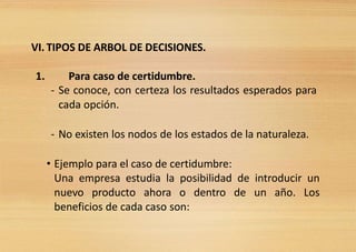 VI. TIPOS DE ARBOL DE DECISIONES.
1. Para caso de certidumbre.
- Se conoce, con certeza los resultados esperados para
cada opción.
- No existen los nodos de los estados de la naturaleza.
• Ejemplo para el caso de certidumbre:
Una empresa estudia la posibilidad de introducir un
nuevo producto ahora o dentro de un año. Los
beneficios de cada caso son:
 