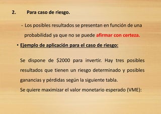 2. Para caso de riesgo.
- Los posibles resultados se presentan en función de una
probabilidad ya que no se puede afirmar con certeza.
• Ejemplo de aplicación para el caso de riesgo:
Se dispone de $2000 para invertir. Hay tres posibles
resultados que tienen un riesgo determinado y posibles
ganancias y pérdidas según la siguiente tabla.
Se quiere maximizar el valor monetario esperado (VME):
 