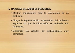 II. FINALIDAD DEL ARBOL DE DECISIONES.
• Mostrar gráficamente toda la información de un
problema.
• Dibujar la representación esquemática del problema
logrando así que la información se entienda más
fácilmente.
• Simplificar
complejas.
los cálculos de probabilidades muy
 