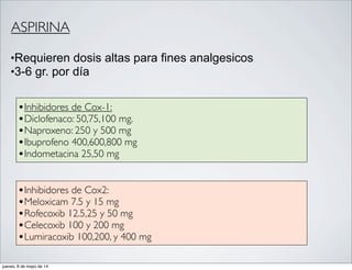 ASPIRINA
•Requieren dosis altas para fines analgesicos
•3-6 gr. por día
•Inhibidores de Cox-1:
•Diclofenaco: 50,75,100 mg.
•Naproxeno: 250 y 500 mg
•Ibuprofeno 400,600,800 mg
•Indometacina 25,50 mg
•Inhibidores de Cox2:
•Meloxicam 7.5 y 15 mg
•Rofecoxib 12.5,25 y 50 mg
•Celecoxib 100 y 200 mg
•Lumiracoxib 100,200, y 400 mg
jueves, 8 de mayo de 14
 